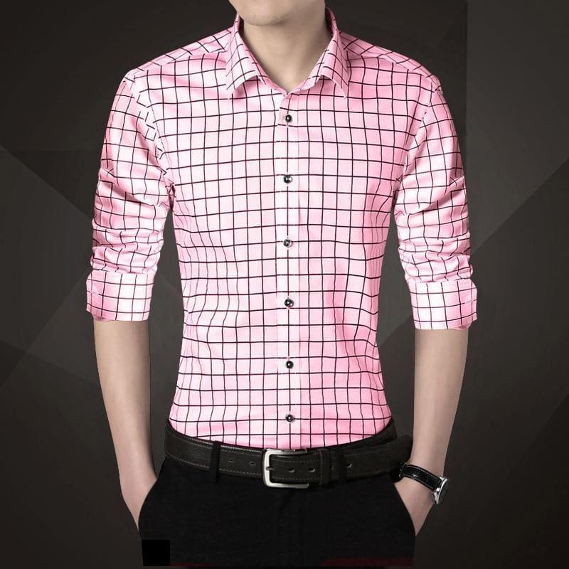Plaid Squared Casual Mens Long Sleeve Shirt - Pink / M - Mens T-shirt