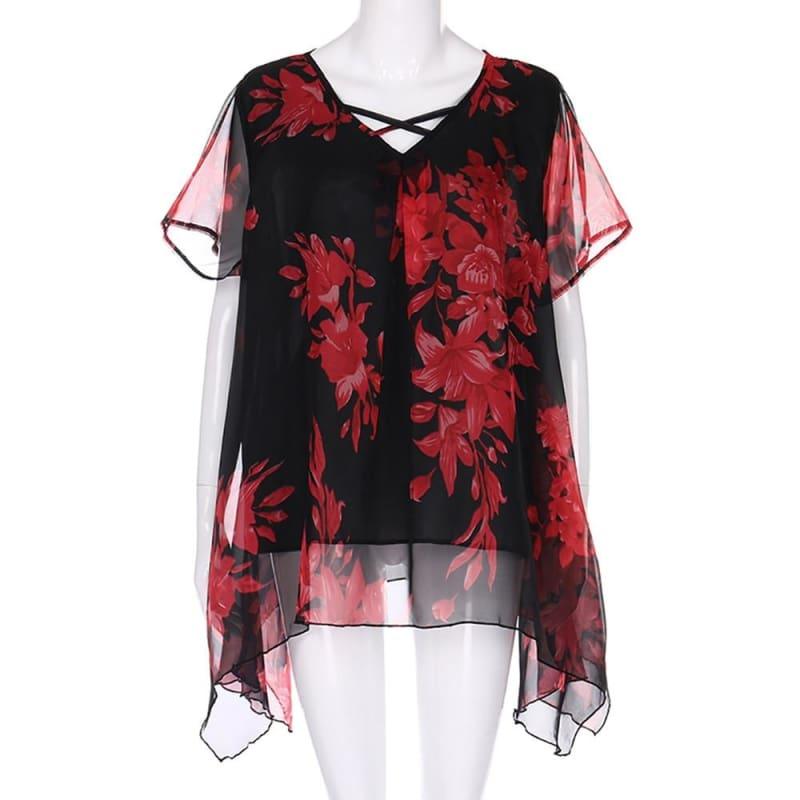 Plus Size Front Criss Cross Floral Double Chiffon Blouse - Red / 4XL - Short Sleeve