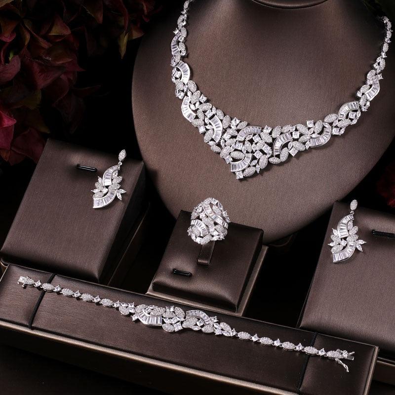Elegant Bridal CZ Necklace Earrings Bracelet Ring Wedding Jewelry Set - TeresaCollections