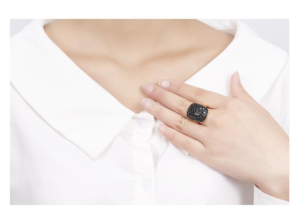 Black Spinel Yellow Gold Color Cluster Fine Elegant Rings - TeresaCollections