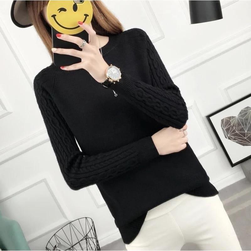 Pullover Solid Basic Knitted Sweater - 66205 black / One Size - women Sweater