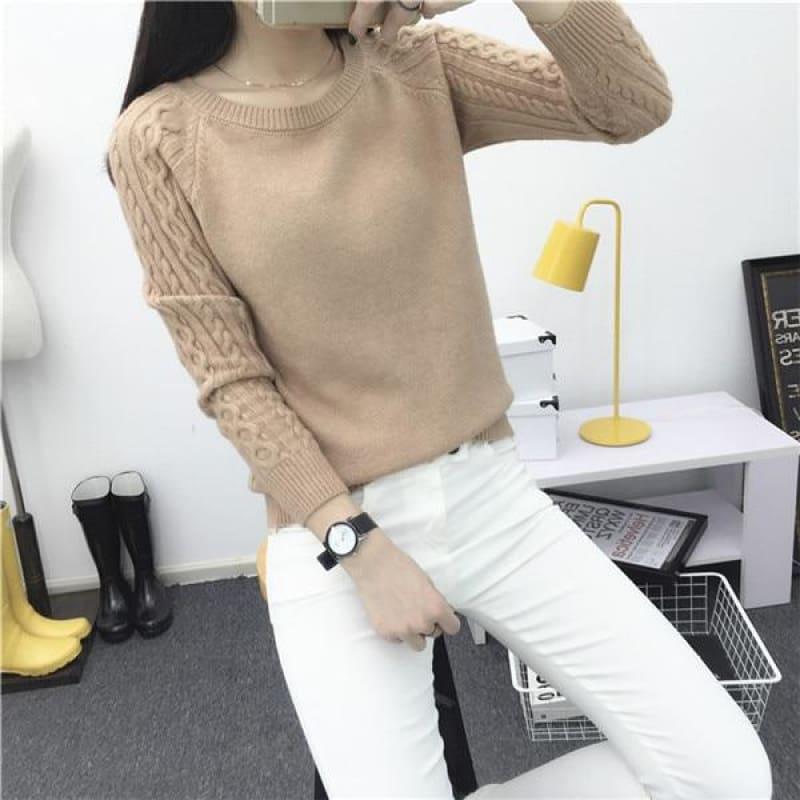 Pullover Solid Basic Knitted Sweater - 66205 light khaki / One Size - women Sweater