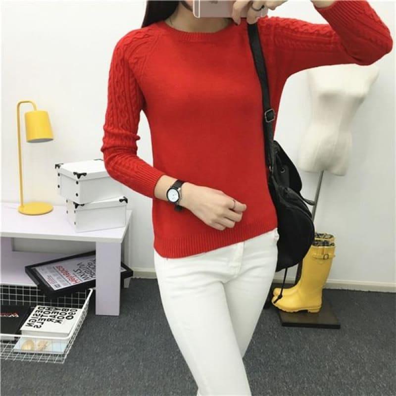 Pullover Solid Basic Knitted Sweater - 66205 red / One Size - women Sweater