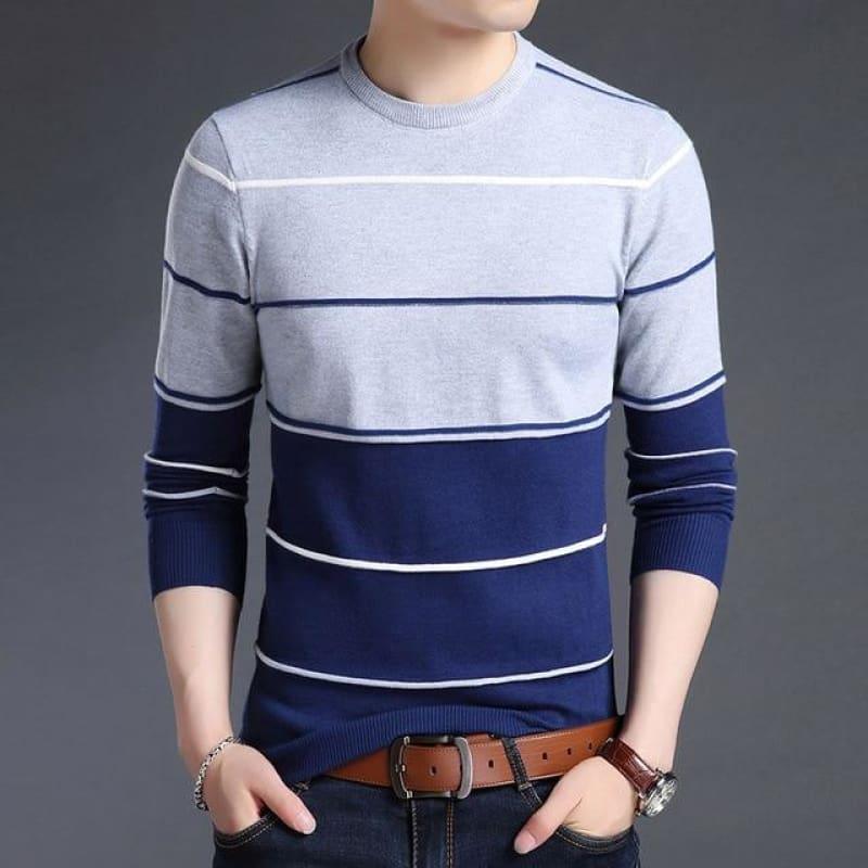Pullover Striped Slim Fit Jumpers Knitted Woolen Autumn Korean Style Casual Men Long Sleeve Shirt - Blue / Xs - Men