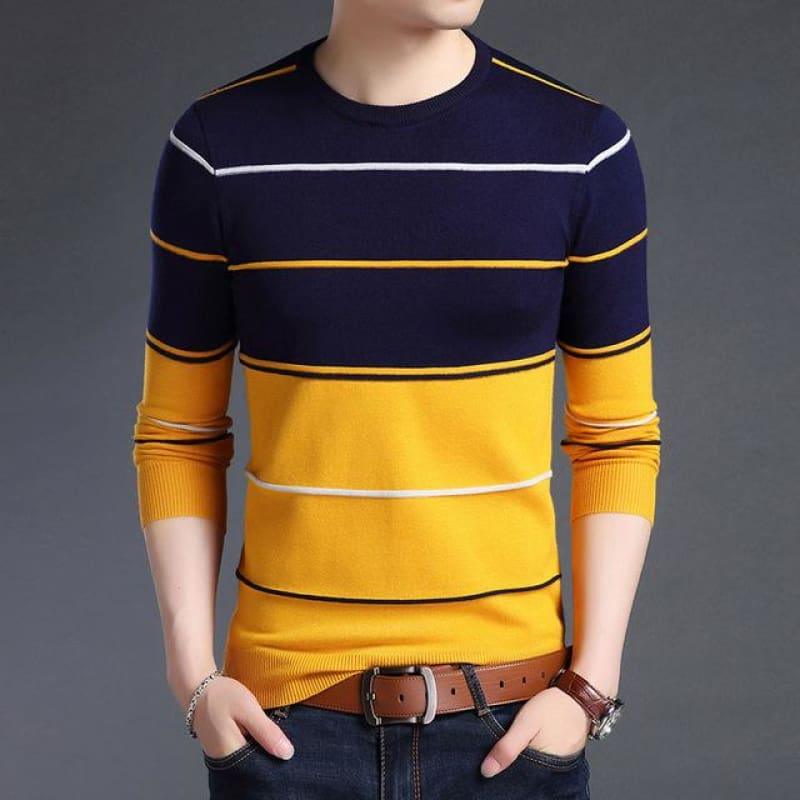 Pullover Striped Slim Fit Jumpers Knitted Woolen Autumn Korean Style Casual Men Long Sleeve Shirt - Navy Blue / Xs - Men