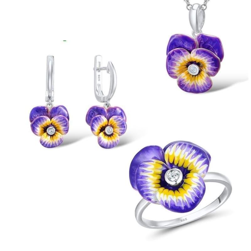Purple and Yellow Flower CZ Stone Ring Earrings Pendent Necklace 925 Sterling Silver Women Jewelry Set - 7.25 - jewelry set