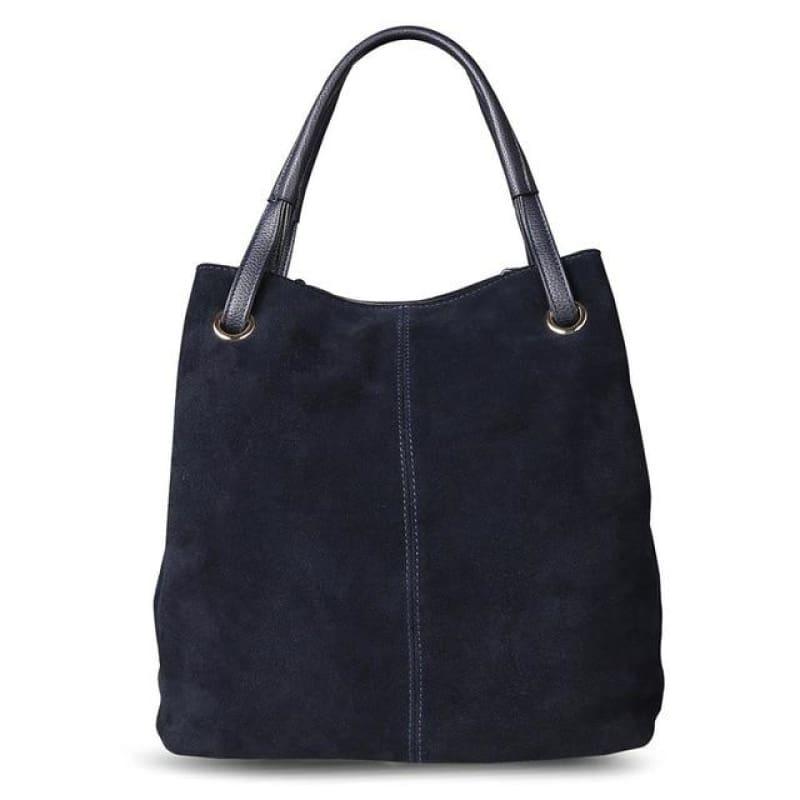 Real Split Suede Leather Leisure Large Top-handle Tote Handbag - Navy blue - HandBag