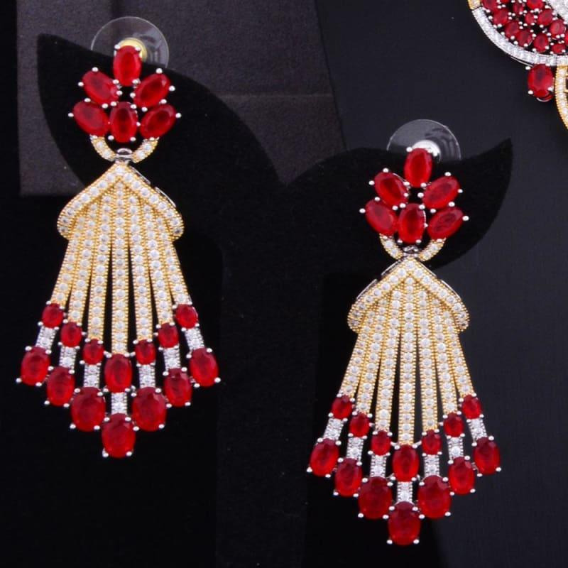 Red Butterfly Flower 4PCS Wedding Zircon Crystal CZ Bridal Lariat Necklace Jewelry Set - Jewelry Set