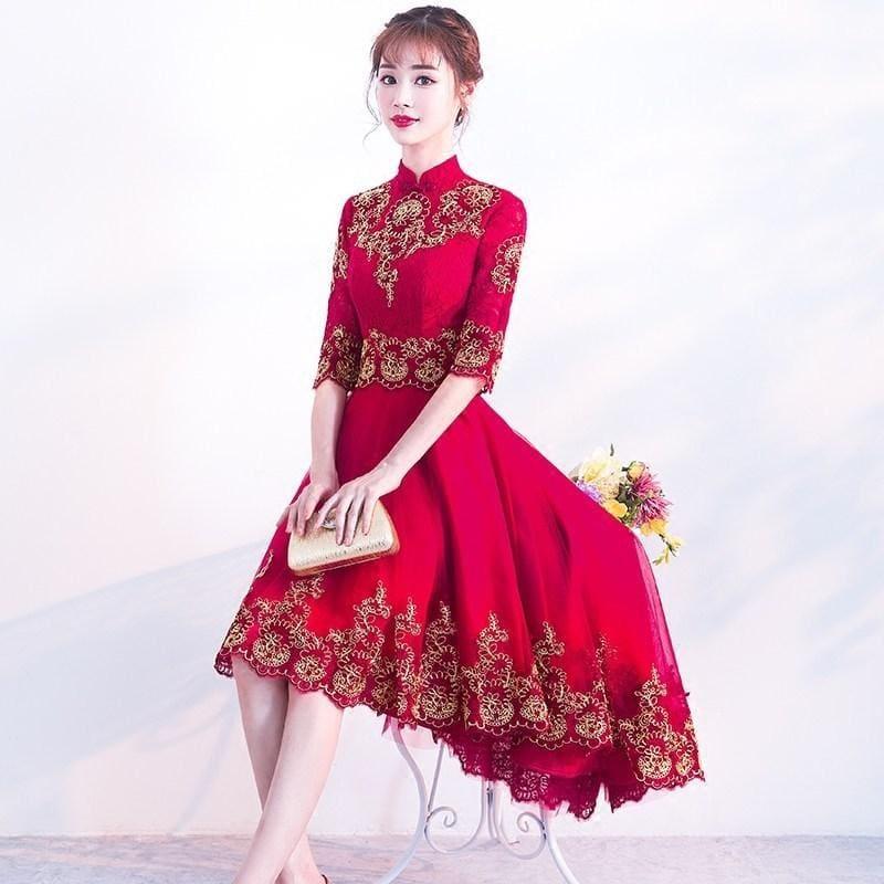 Red Cheongsam Dress Sexy Lace Qipao Women Traditional Chinese Oriental Style Evening Midi Dress - Gown