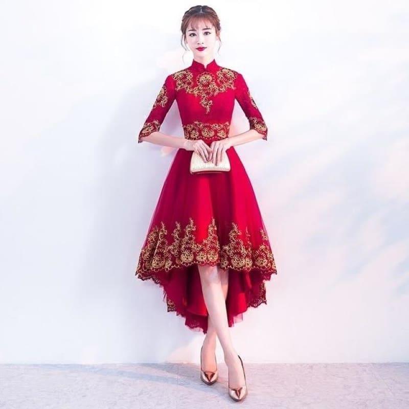 Red Cheongsam Dress Sexy Lace Qipao Women Traditional Chinese Oriental Style Evening Midi Dress - Wine Red / S - Gown