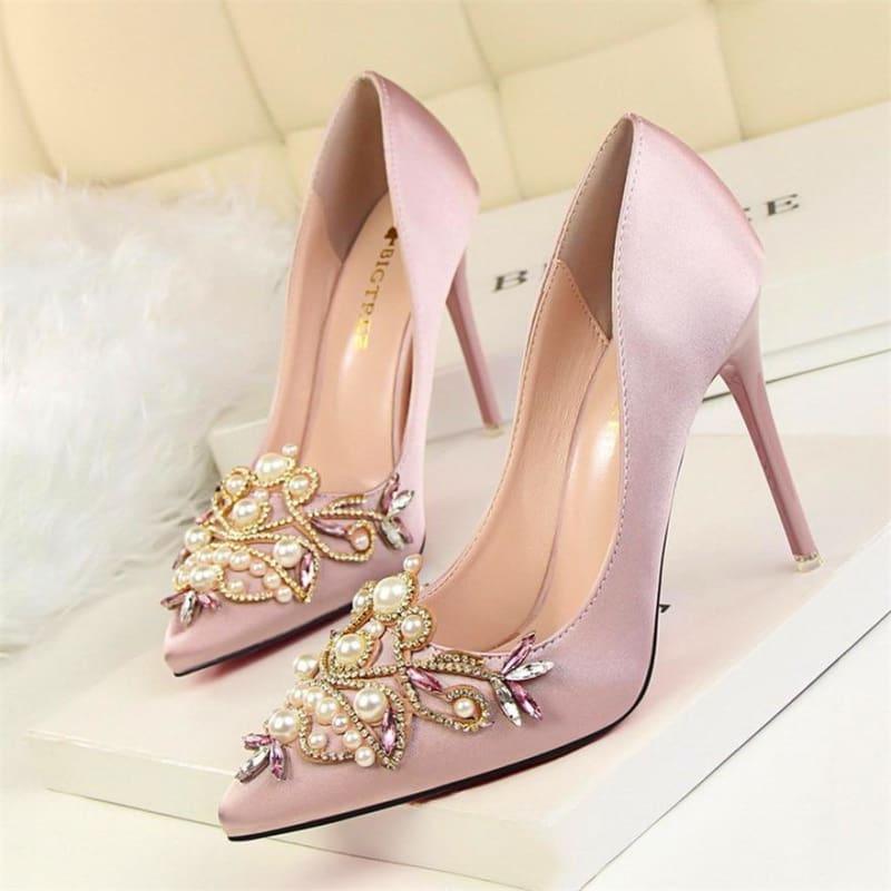 Rhinestone High Heels Pointed Toe Crystal Pearl Party Shoespumps - Pink / 4.5 - Pumps