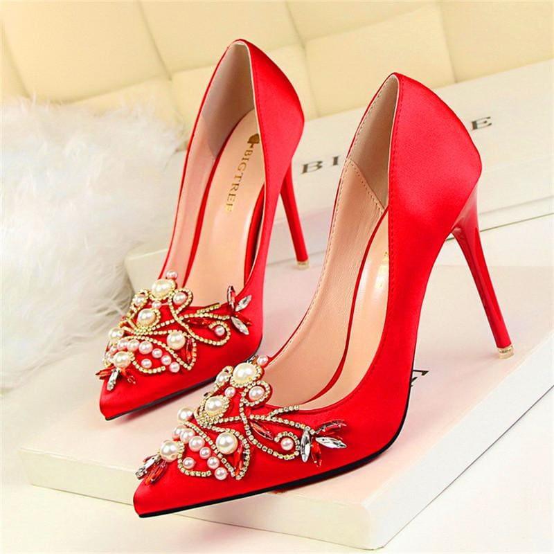 Rhinestone High Heels Pointed Toe Crystal Pearl Party Shoespumps - Red / 4.5 - Pumps