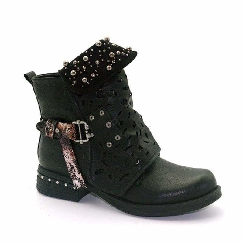 Rhinestone Winter Boots Zipper Rivet Buckle Lace-up Ankle Western Boots - Black / 5.5 - boots