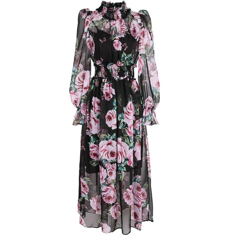 Romantic Rose Print Spring Elegant Turtleneck Waist Elastic Maxi Dress - Maxi Dress