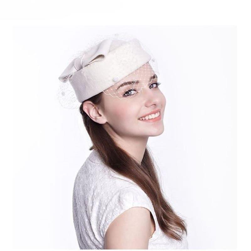 Royal Style Winter Vintage Style Wool Felt Women Fascinator Hat with Bow Race Ascot Hat - Ivory / China - Hats