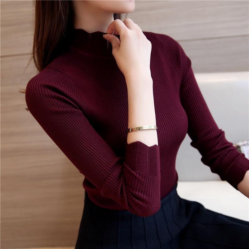 Ruffled Sleeve Turtleneck Solid Slim Fit Sweater Blouse - Purple Red / M - Long Sleeve