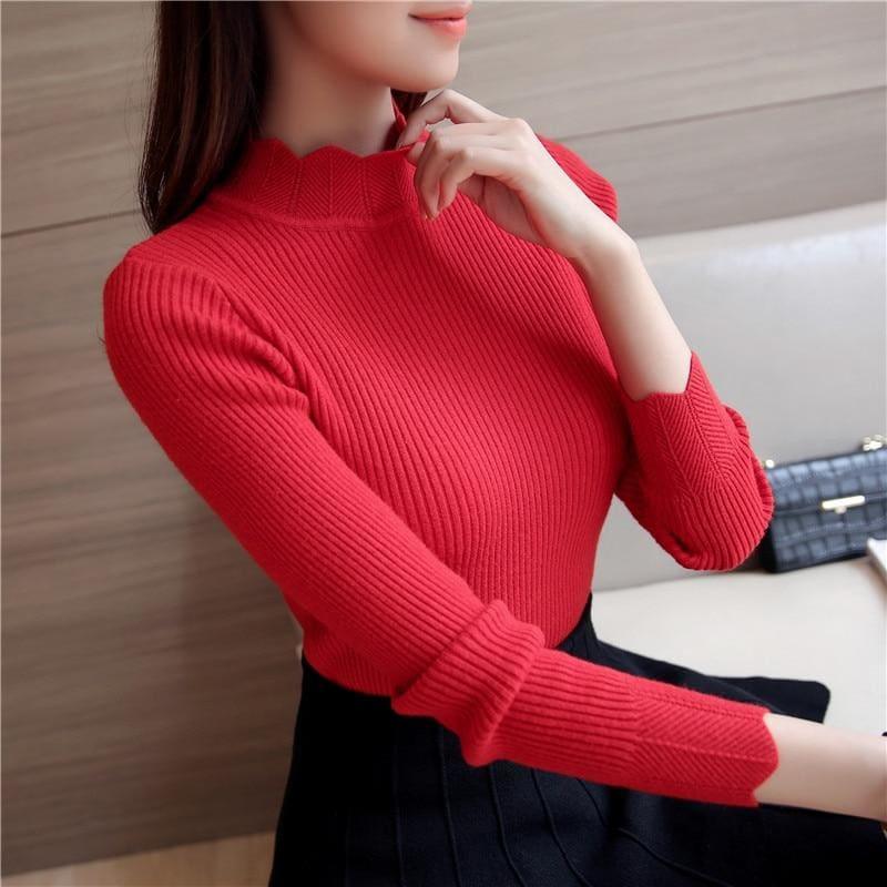 Ruffled Sleeve Turtleneck Solid Slim Fit Sweater Blouse - Red / M - Long Sleeve