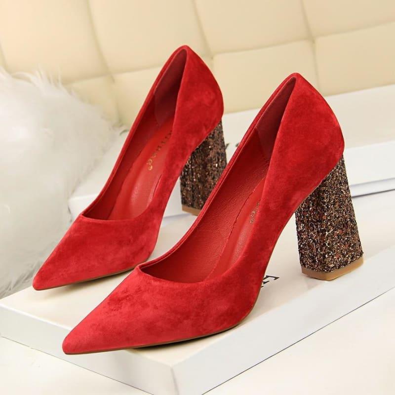 Sequined Square Heels Solid Flock Shallow Pumps - Rose / 4.5 - Pumps