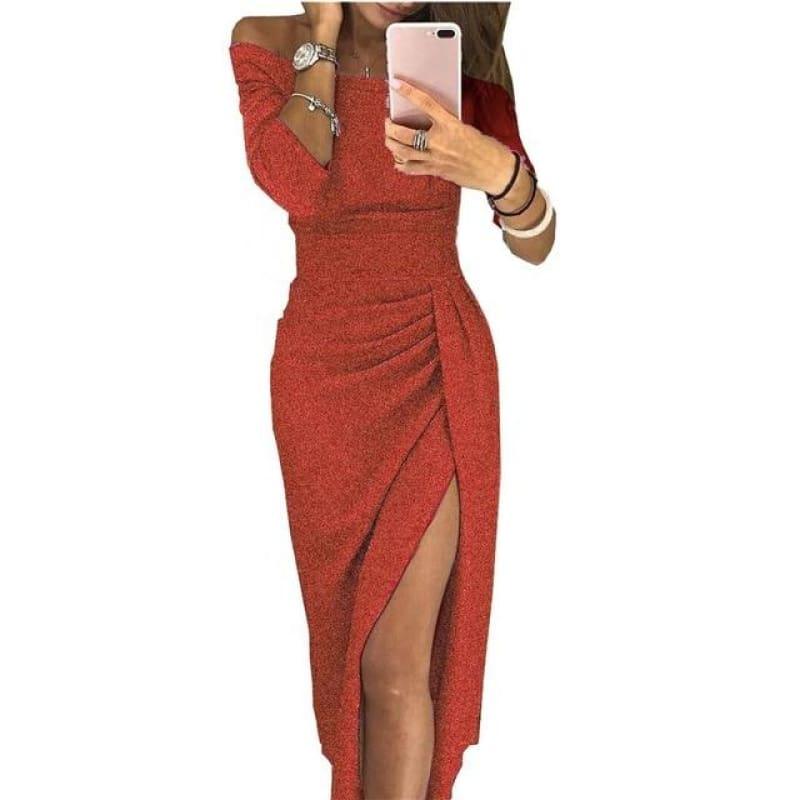 Shiny Off Shoulder Ruched Thigh Slit Sexy Sequin Bandage Partevening Cocktail Midi Dress - Red / L - Midi