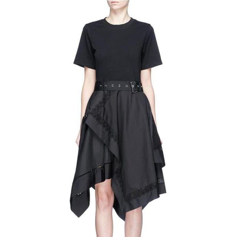 Short Sleeve O neck With Belt Slim Black Asymmetrical Midi Dress - Midi Dress