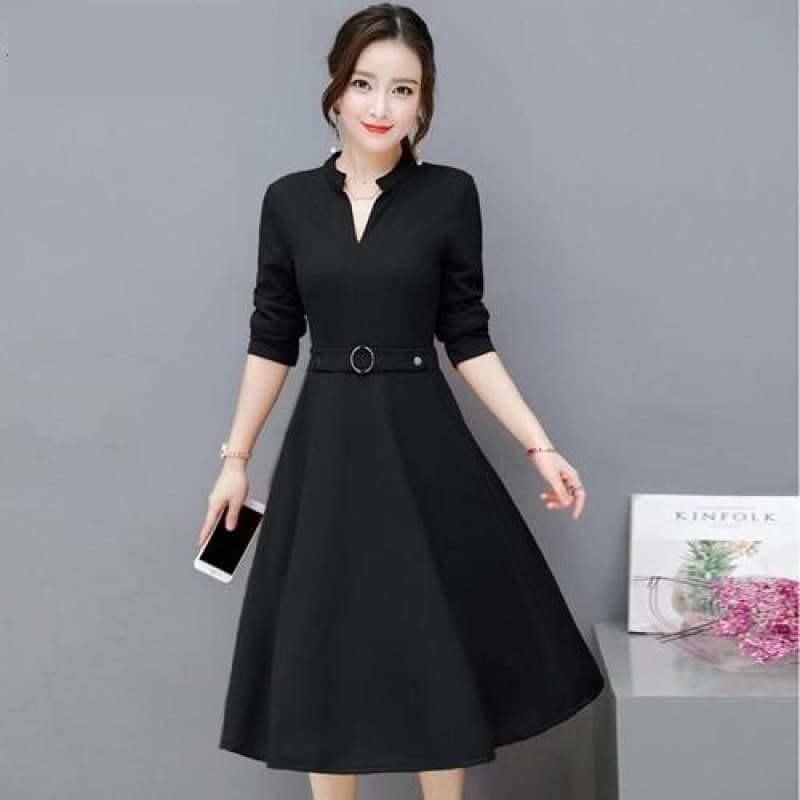Side Pocket V Neck Vintage Slim Ladies Midi Dress - Black / L - Midi Dress