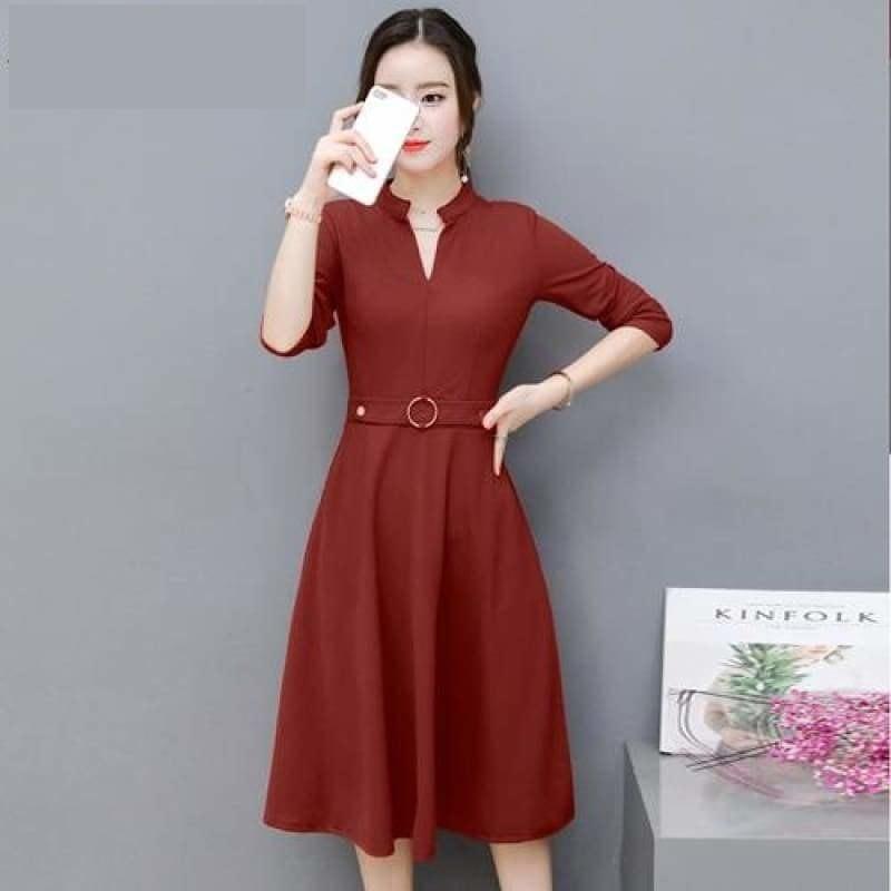 Side Pocket V Neck Vintage Slim Ladies Midi Dress - Red / L - Midi Dress