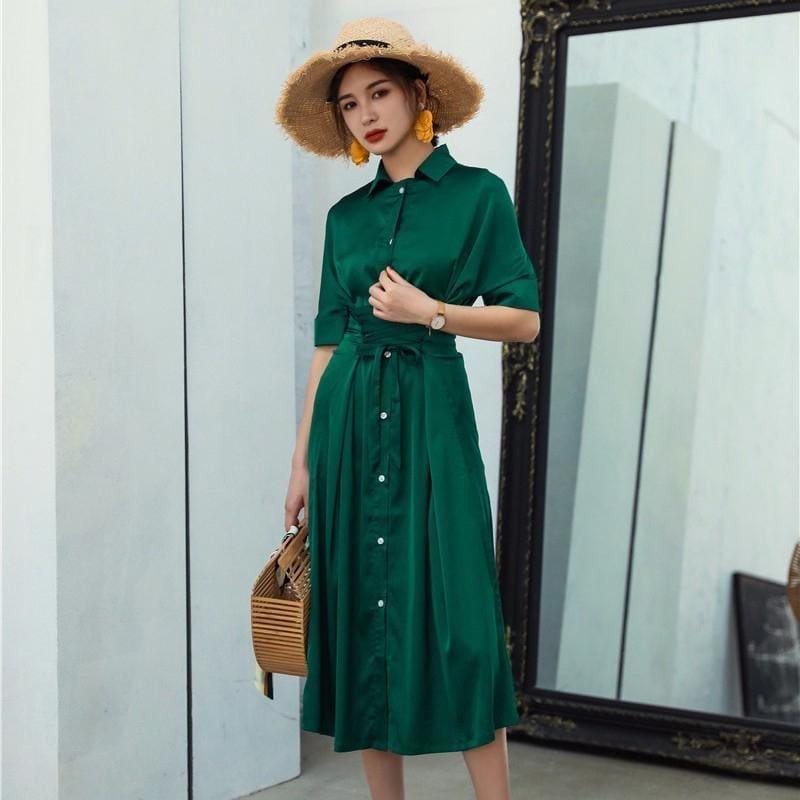 Side Slit Chiffon Buttonup Short Sleeve High Waist Sexy Maxi Dress - Green Dress / L - Maxi Dress