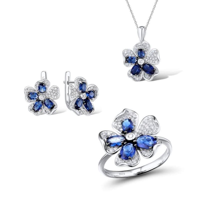 Silver Flower Bridal Wedding Blue CZ Stones Ring Earrings Pendant Set 925 Sterling Silver Jewelry Set - 7.25 - jewelry set