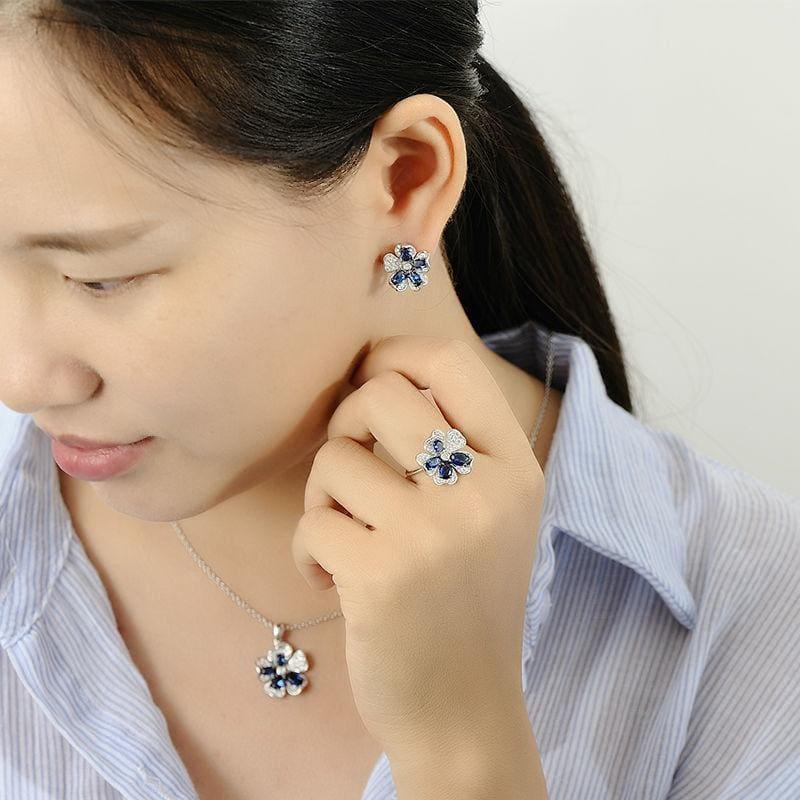 Silver Flower Bridal Wedding Blue CZ Stones Ring Earrings Pendant Set 925 Sterling Silver Jewelry Set - jewelry set