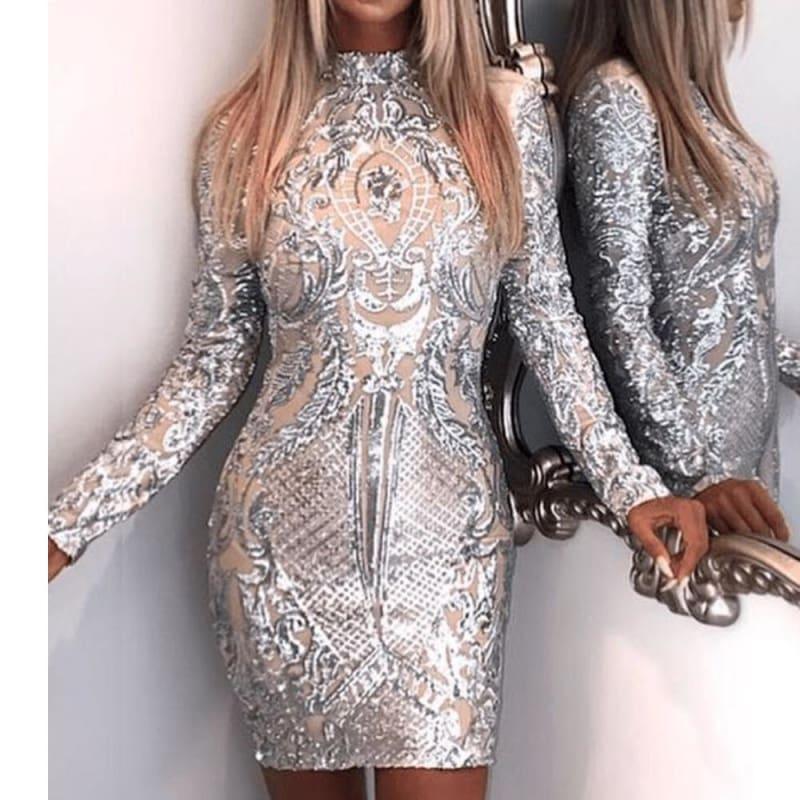 Silver High Neck Long Sleeve Sequin Elegant Party Mini Dress - mini dress