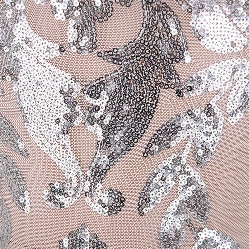 Silver Sequin Bodycon Sleeve Sheath High Neck With Glitter Party Evening Mini Dress - Mini Dress