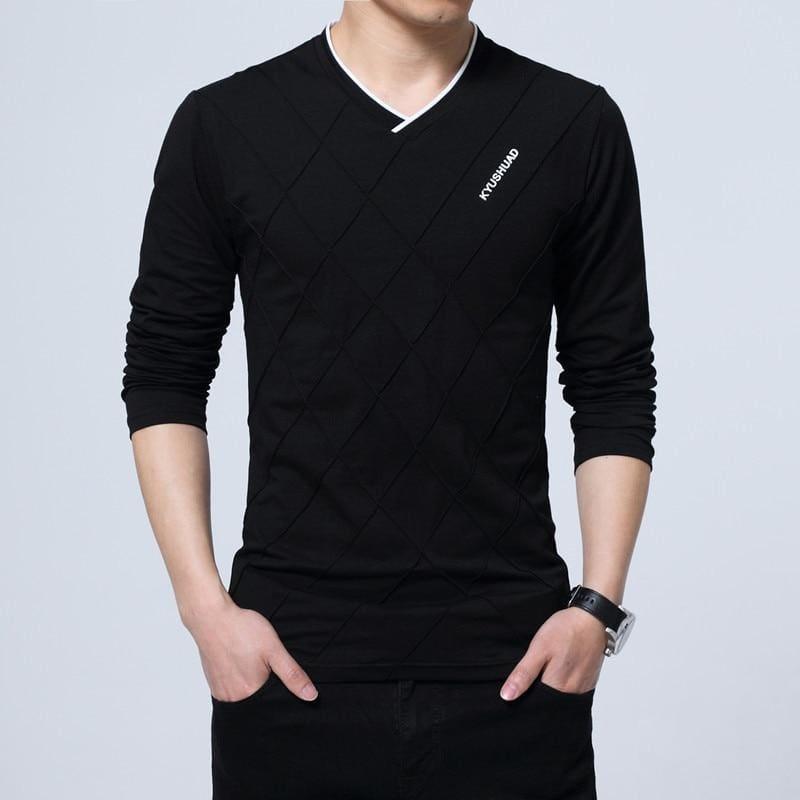 Slim Fit Long Stylish Luxury V Neck Fitness Long Sleeve Mens T-shirt - Black / Asian Size 4XL - Men Sweater
