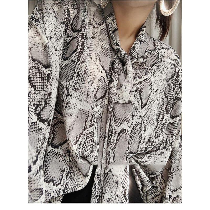 Snake Printed Chiffon Shirt Long Sleeve Blouse - long sleeve