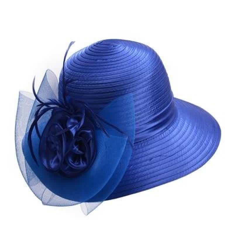 Solid Satin Feather Floral Wide Brim Sun Kentucky Derby Style Church Tea Party Floppy Hat - Blue / China - Hats