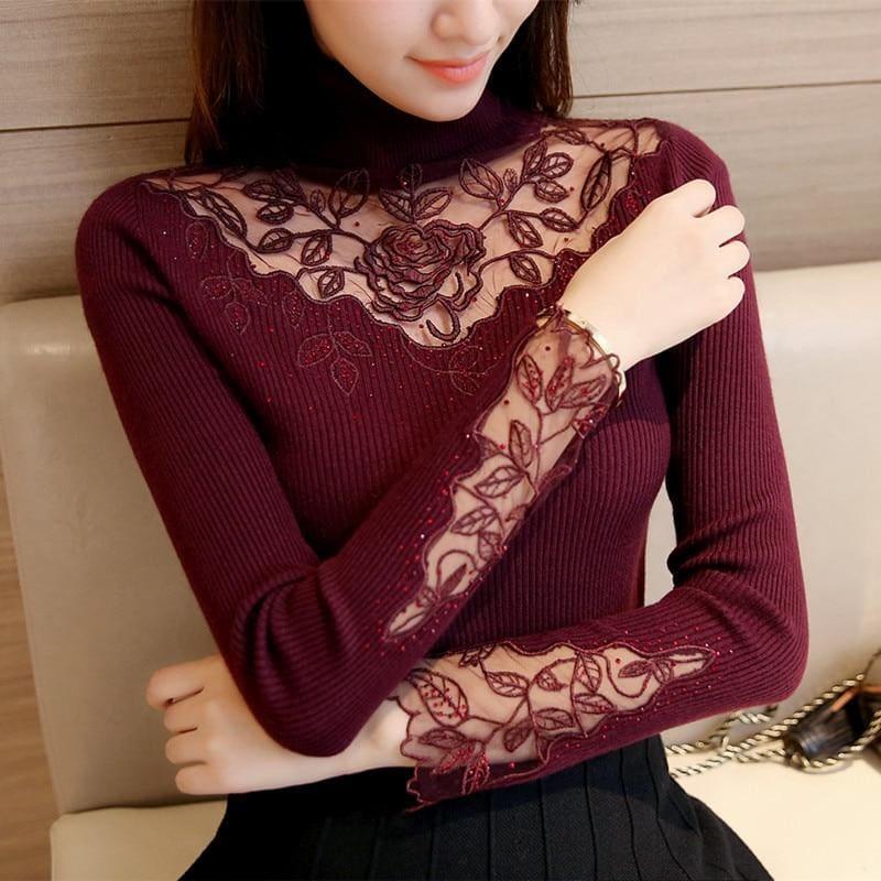 Solid Turtleneck Lace Knitted Pullovers Winter Fashion Sweater - women Sweater