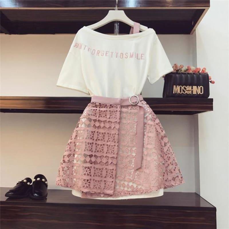 Spring Fashion Twom Piece Off Shoulder Long T Shirt & Hollow Out Lace Skirt Set - Pink / S - Set