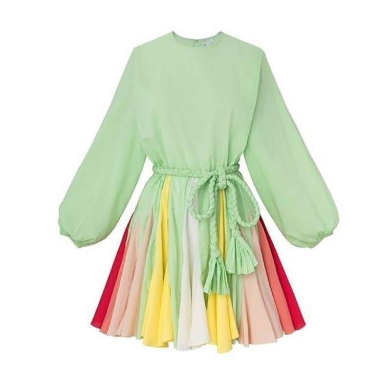 Spring Hit Color Puff Sleeve Casual Vintage Flare Mini Dress - green / L - Mini Dress