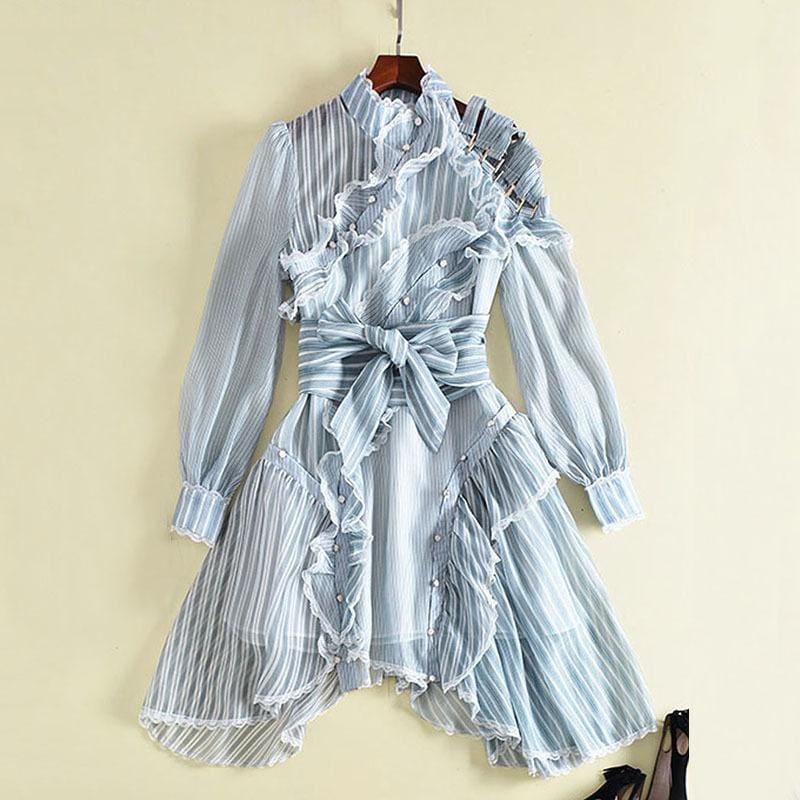 Street Wear Striped Ruffles Off Shoulder Lantern Sleeve Belt High Waist Asymmetrical Mini Dress - mini dress