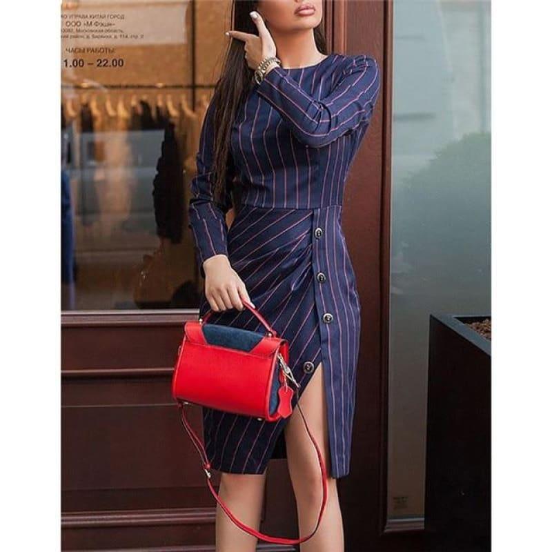 Striped Printed Bodycon Side Slit Button Long Sleeve Elegant Office Wear Knee Length - navy / S - Mid Length