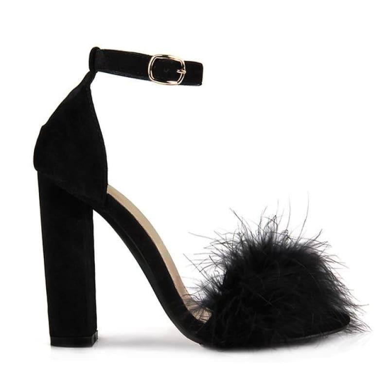 Summer Sexy High Heels Faux Fur Party Sandals - Black / 36 - sandals
