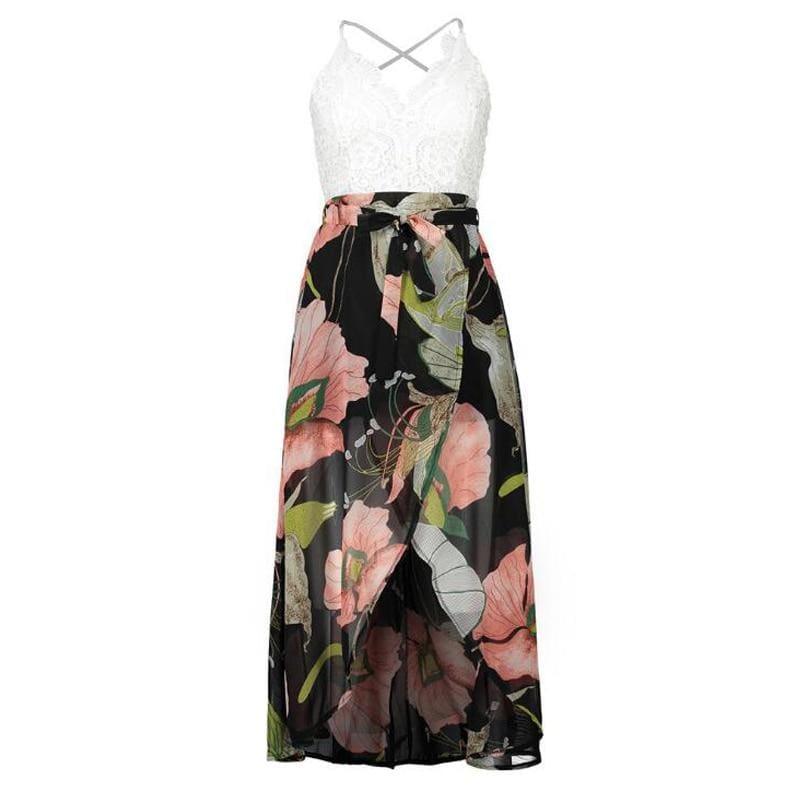 Summer Sleeveless Lace Flower Print Boho Maxi Dress - Black / L - Maxi Dress