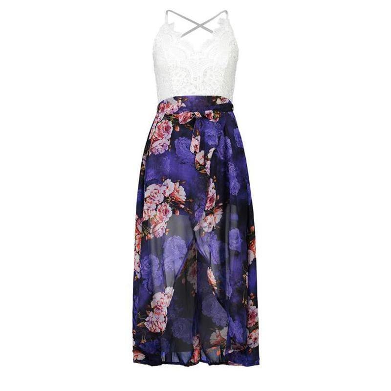 Summer Sleeveless Lace Flower Print Boho Maxi Dress - Blue / L - Maxi Dress