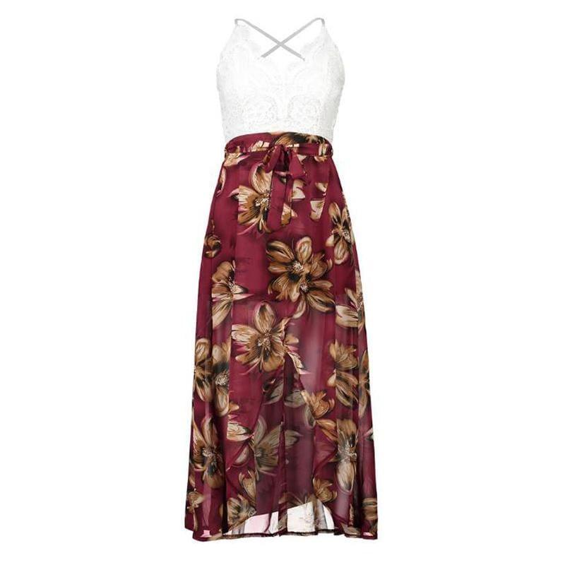 Summer Sleeveless Lace Flower Print Boho Maxi Dress - Rose Red / L - Maxi Dress