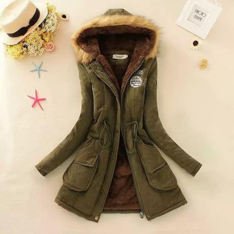 Thick Warm Female Hooded Fur Cotton - Army Green / L - Coats