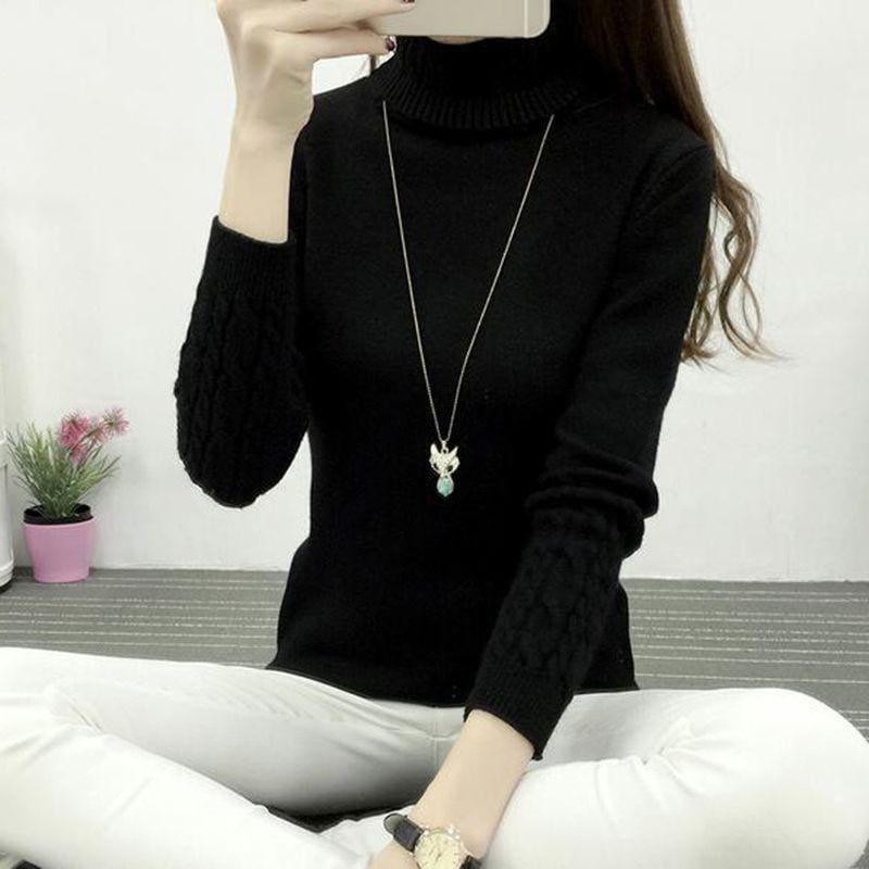 Thick Warm Turtleneck Pullover Knit Long Sleeve Cashmere Sweater - Black / L - women Sweater