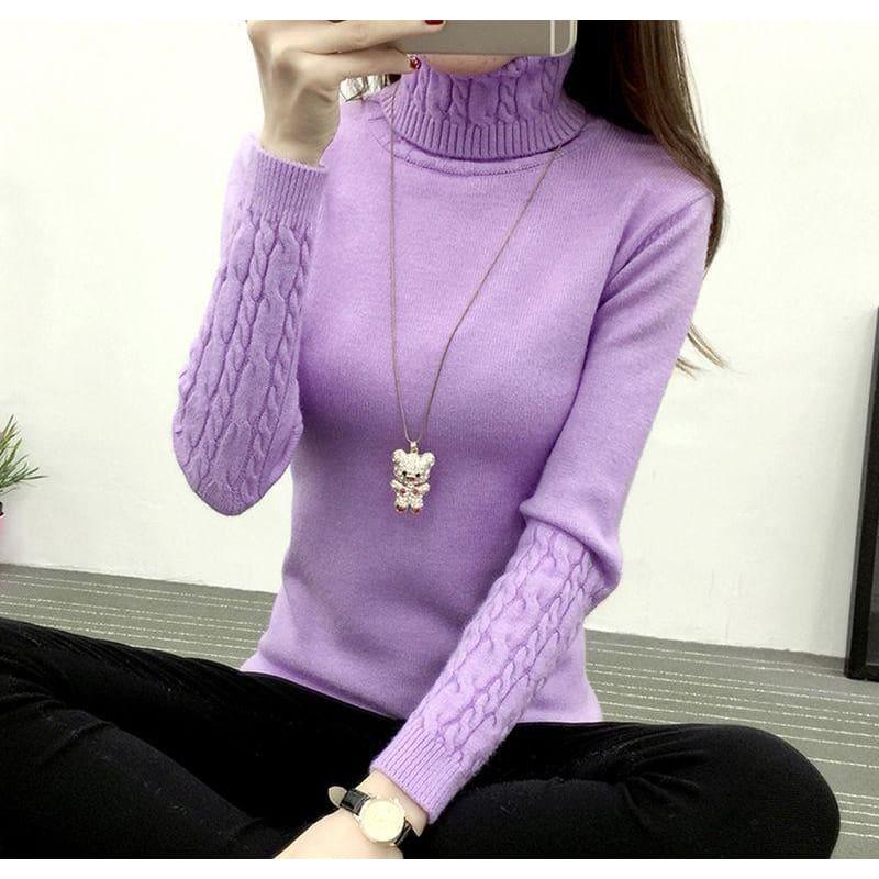 Thick Warm Turtleneck Pullover Knit Long Sleeve Cashmere Sweater - Lavender / L - women Sweater