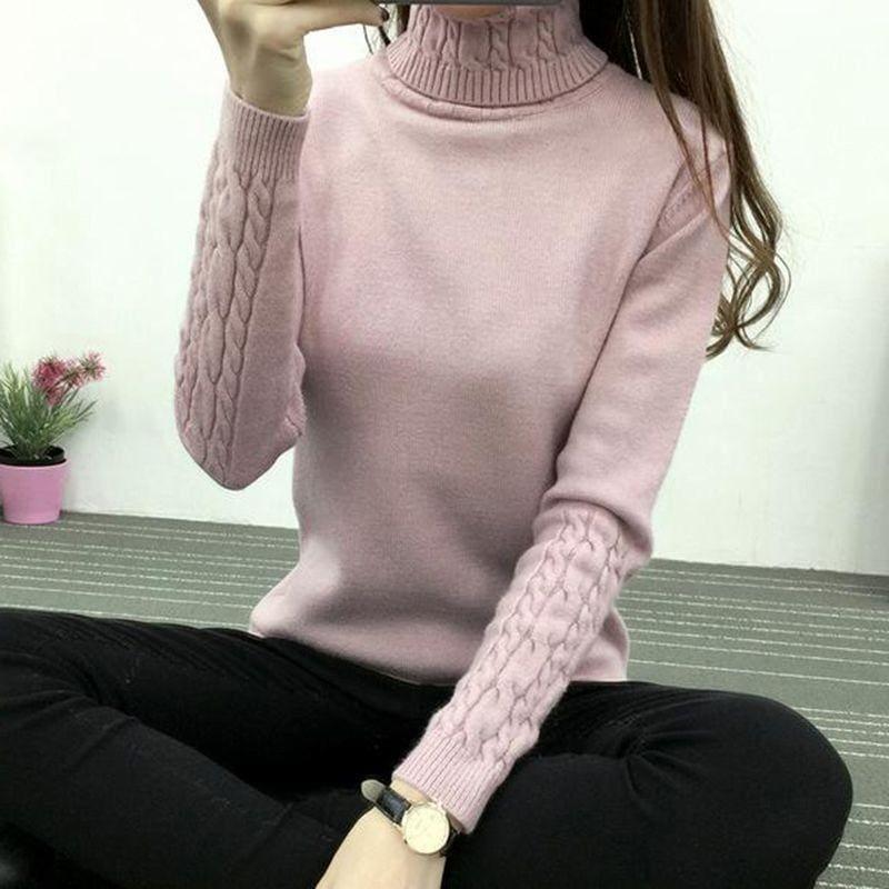 Thick Warm Turtleneck Pullover Knit Long Sleeve Cashmere Sweater - Pink / L - women Sweater