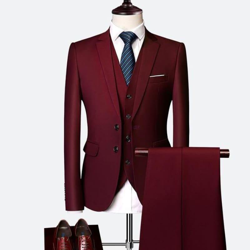 Three Piece Formal Business Mens Suits - Wine Red / XXXL - mens suits