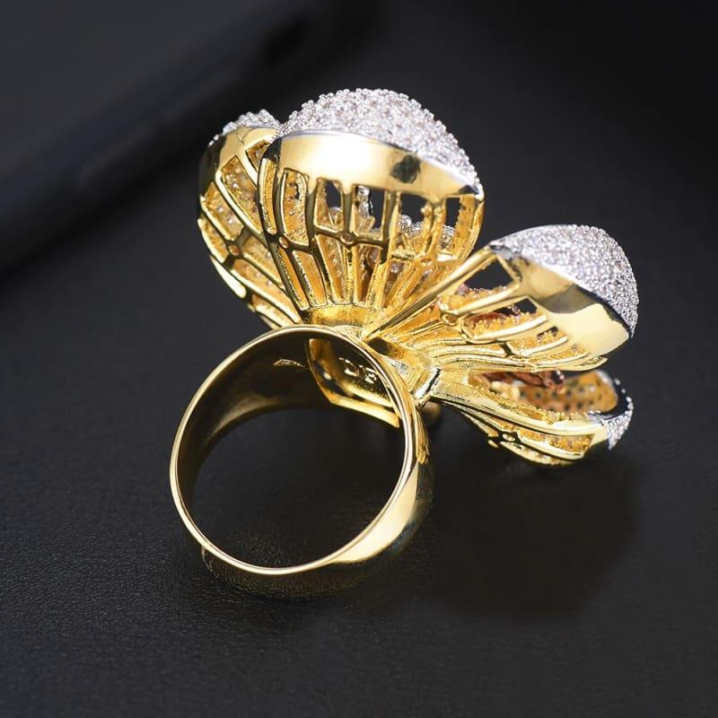 Three Tone Flower Butterfly Cubic Zircon Engagement Dubai Bridal Statement Finger Rings - Rings
