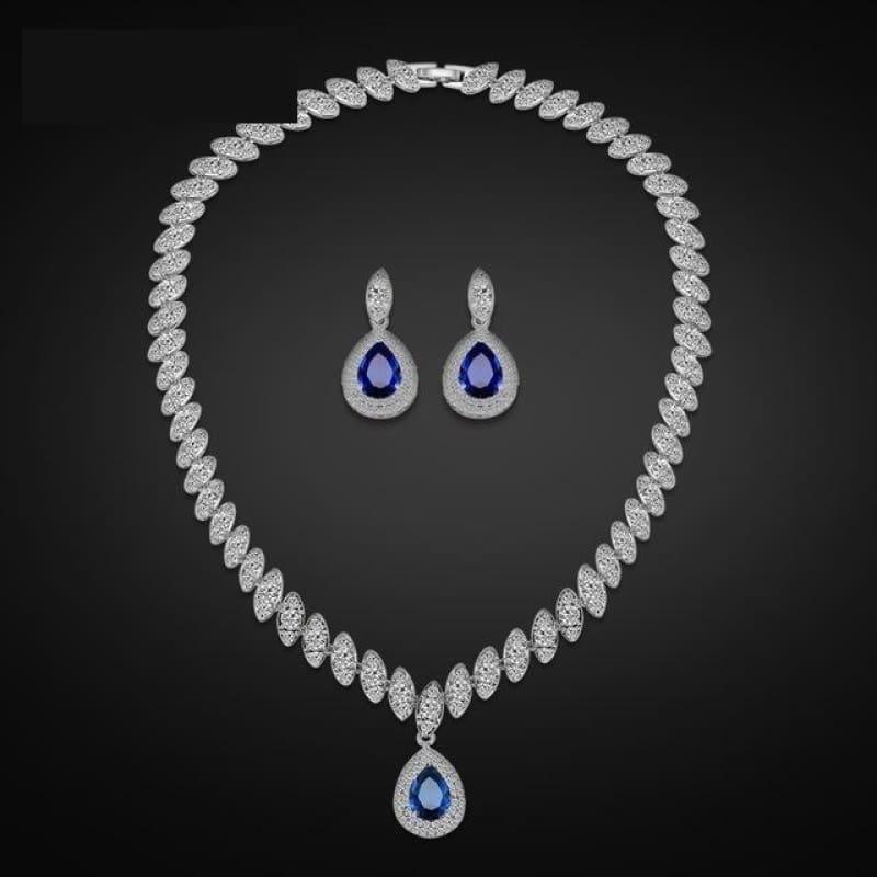 Trendy Water Drop Cubic Zirconia Crystal Bridal Wedding Jewelry Set - Dark blue - Jewelry Set